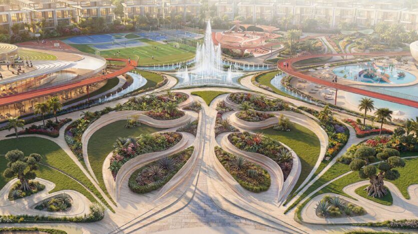 Le parc paysager de Greenz by Danube comprend des allées sinueuses, de la verdure luxuriante, des parterres de fleurs colorés, une grande fontaine au centre, et des aires de loisirs environnantes, dont une piscine et des courts de tennis.