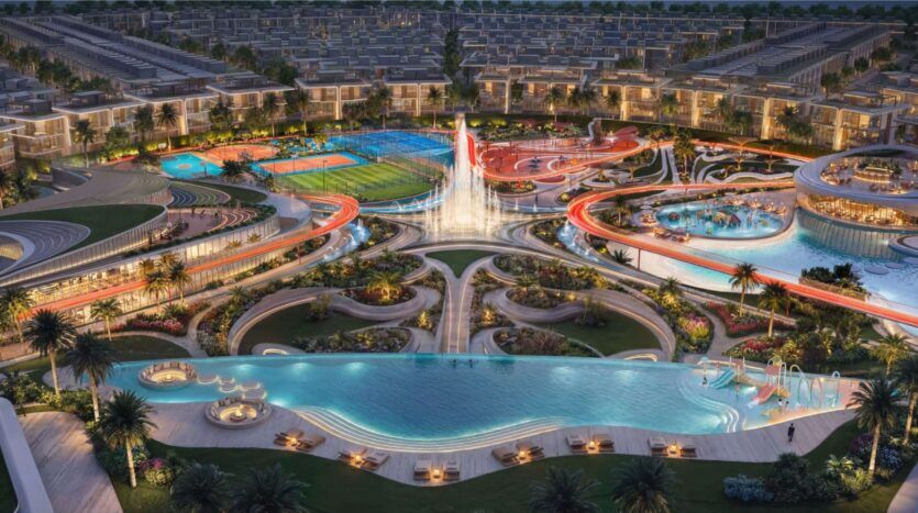 Une vue aérienne de Greenz by Danube montre un complexe moderne et luxueux de nuit, avec des piscines illuminées, des fontaines, des terrains de sport, des allées sinueuses, des jardins paysagers et des villas contemporaines environnantes.