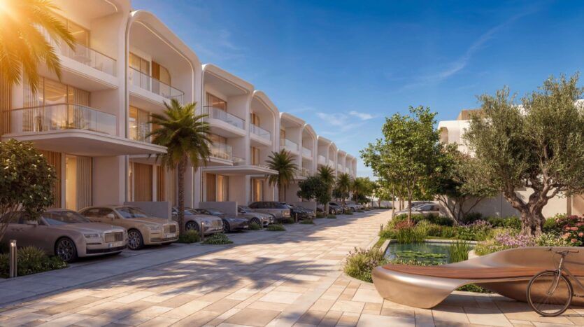 Une rue résidentielle moderne et ensoleillée, bordée de maisons de ville blanches à plusieurs étages à Greenz by Danube, avec des palmiers, des voitures de luxe garées, des jardins paysagers et un banc sculptural à côté d'un petit étang.