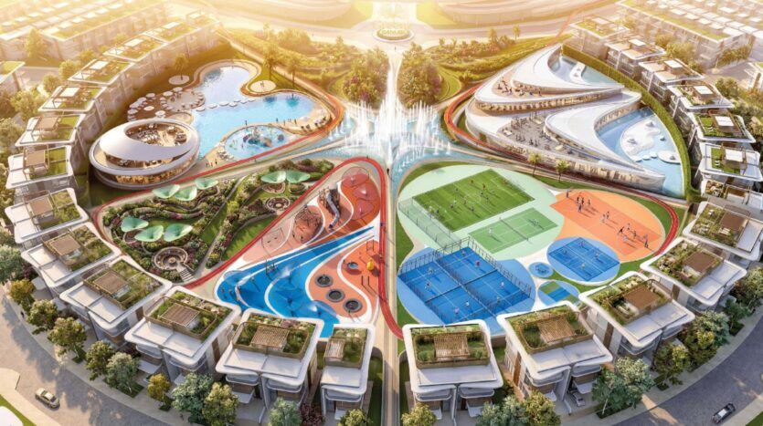 Vue aérienne de Greenz by Danube, un complexe circulaire futuriste comprenant des piscines, des aires de jeux, des terrains de sport, des espaces verts luxuriants et des bâtiments modernes entourant une grande fontaine centrale.