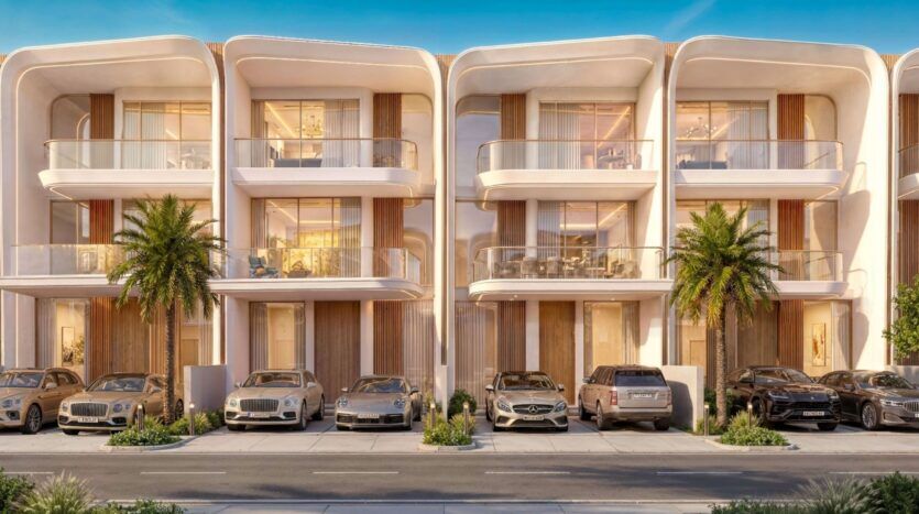 Les maisons de ville modernes et luxueuses de Greenz by Danube sont dotées de grands balcons, de hautes fenêtres et de voitures de luxe garées devant. Les entrées sont bordées de palmiers et d'un aménagement paysager luxuriant, le tout baigné par la lumière chaude du soleil sous un ciel bleu limpide.