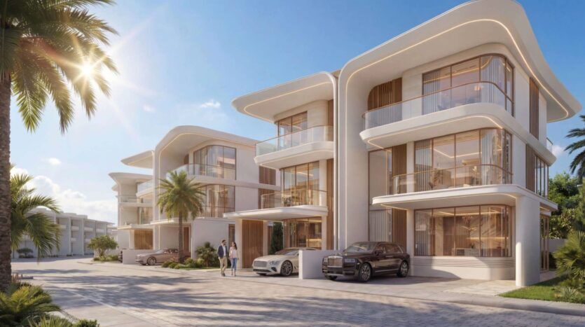 Maisons de luxe modernes avec de grandes fenêtres en verre et des façades blanches incurvées à Greenz by Danube, palmiers bordant la rue, voitures de luxe garées devant, et deux personnes marchant par une journée ensoleillée avec un ciel bleu clair.