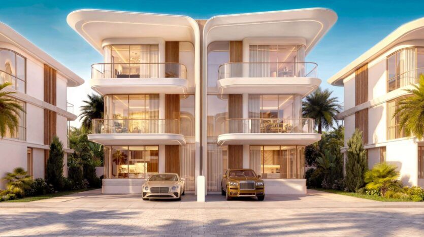 Deux villas de luxe modernes de trois étages à Greenz by Danube sont dotées de balcons incurvés et de grandes baies vitrées, chacune avec une voiture de luxe dans l'allée. Des palmiers et une végétation luxuriante entourent les bâtiments sous un ciel bleu limpide.