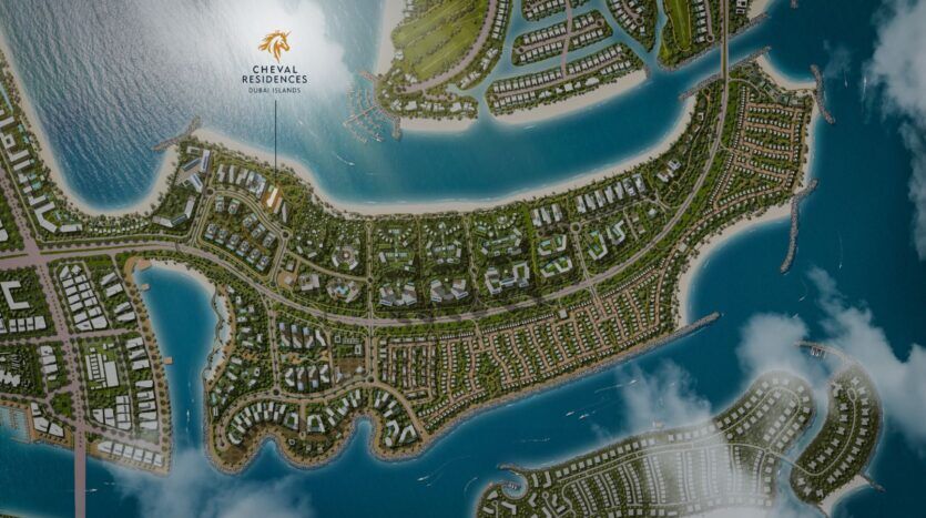Vue aérienne d'une île côtière comprenant des résidences Cheval, des routes sinueuses, des espaces verts, des bâtiments modernes et des marinas entourées d'eau bleue. Le logo "Cheval Residences Dubai Islands" apparaît en haut à gauche.