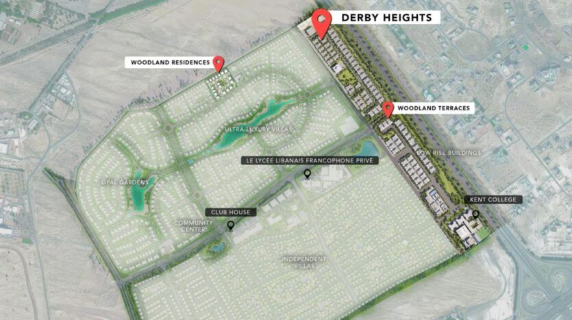 Carte étiquetée d'un quartier résidentiel mettant en évidence Derby Heights, Woodland Residences, Woodland Terraces, Opal Gardens, des immeubles d'habitation, Kent College, un clubhouse, un centre communautaire et une école privée.