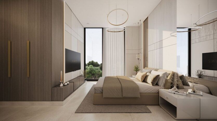 Chambre à coucher moderne à Derby Heights avec un grand lit, une literie neutre, une armoire encastrée, une télévision, un décor minimaliste, des luminaires, des tables de chevet et une grande fenêtre avec des rideaux diaphanes laissant entrer la lumière naturelle.
