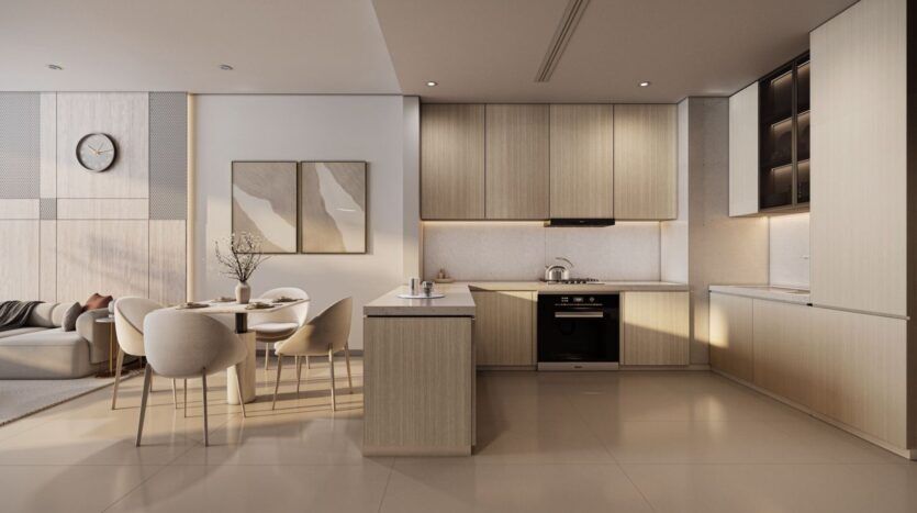 Cuisine et salle à manger modernes à Derby Heights avec des armoires en bois clair, un four encastré, un décor minimaliste, une table ronde pour quatre personnes, des tons neutres, et un espace de vie confortable avec un canapé visible à l'arrière-plan.