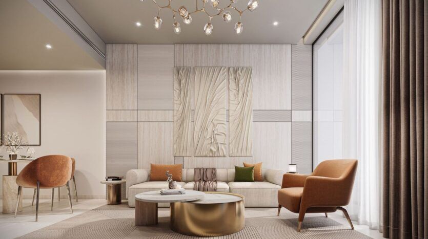Salon moderne à Derby Heights avec un canapé beige, des coussins colorés, un fauteuil orange, des tables basses rondes, des œuvres d'art murales abstraites et un lustre doré. De grandes fenêtres avec des rideaux diaphanes laissent entrer la lumière naturelle.