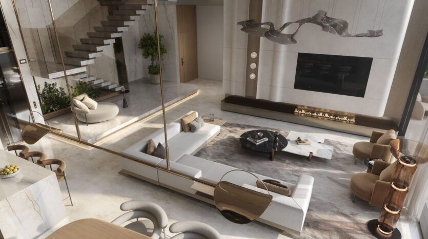 Un salon moderne et spacieux avec de hauts plafonds, un décor minimaliste, un escalier flottant et The Tides d'Amis exposé au-dessus d'une table basse en marbre, avec un grand canapé sectionnel, des fauteuils, une cheminée élégante et un éclairage abstrait dans des tons neutres.
