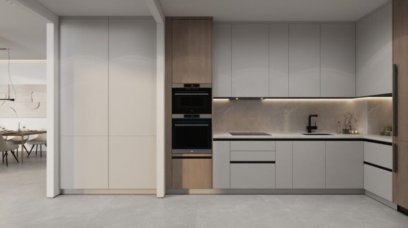 Cuisine moderne minimaliste avec des armoires gris clair, des fours encastrés, un robinet noir et un éclairage sous l'armoire. Des tons neutres et des lignes épurées définissent cet espace inspiré des jardins de Sakura. La salle à manger est visible à l'arrière-plan.