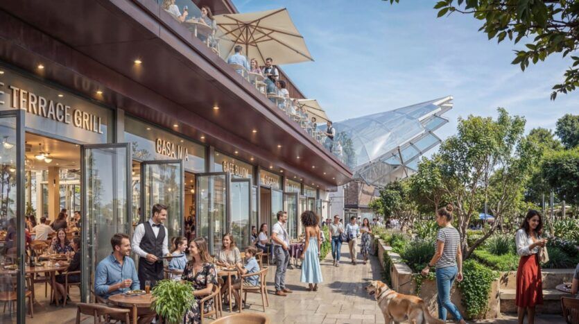 Les gens dînent et se rencontrent à des tables en plein air sur la terrasse animée du restaurant The Woods by Sobha, tandis que d'autres profitent de la verdure et des arbres. Certains se trouvent sur un balcon supérieur sous un ciel bleu clair, ce qui crée une atmosphère vibrante.