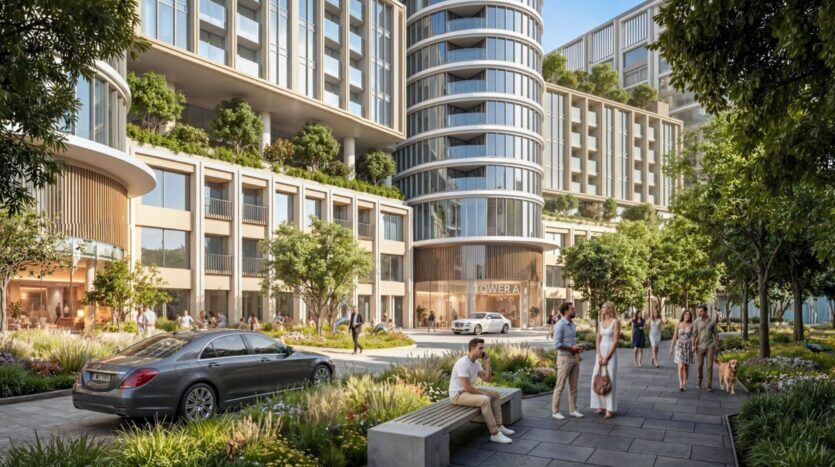 Une place urbaine moderne avec de la verdure, des gens qui se détendent sur des bancs et une voiture de luxe garée devant The Woods by Sobha, un grand bâtiment en verre incurvé orné de balcons et de plantes luxuriantes.