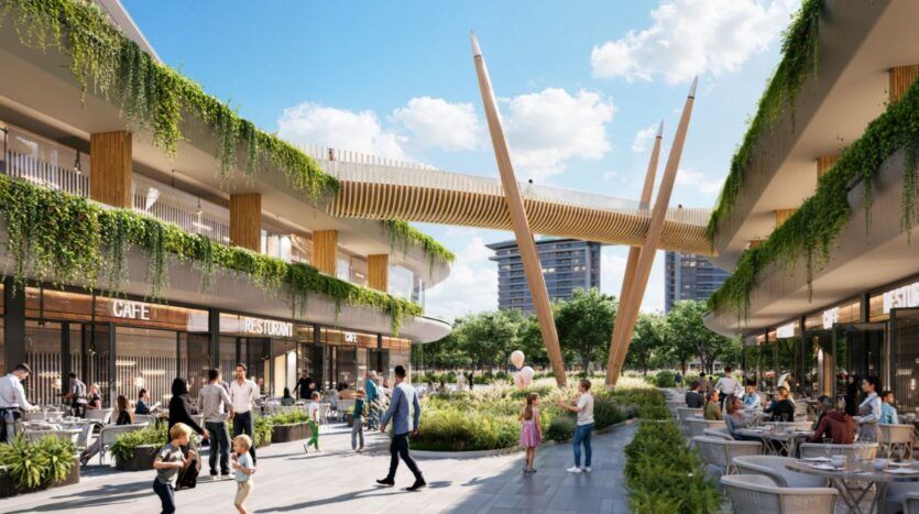 Un espace de shopping et de restauration en plein air animé à The Woods by Sobha, où les gens se promènent, mangent et se rencontrent. Des plantes vertes sont suspendues aux bâtiments modernes et une grande sculpture en bois en forme de V se dresse au centre, sous un ciel bleu parsemé de nuages.