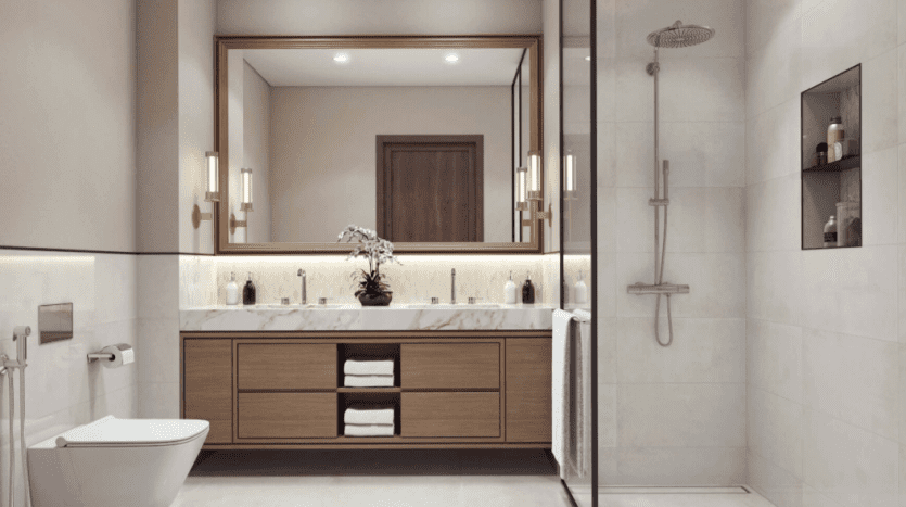 Une salle de bain moderne dotée d'un grand miroir au-dessus d'une vasque en bois avec un comptoir en marbre, une baignoire autoportante et une douche à l'italienne ouverte dans une luxueuse résidence de plage.