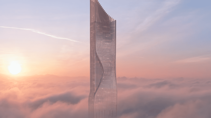 Un gratte-ciel futuriste avec des éléments de design ondulés se dresse parmi des nuages roses et oranges, éclairés par la douce lumière d'un soleil couchant ou levant. Le ciel est généralement clair avec quelques nuages vaporeux, ajoutant à l'atmosphère éthérée.