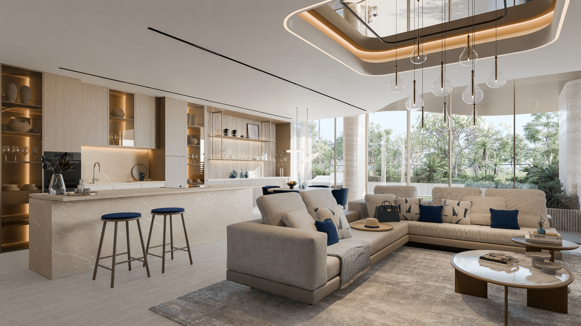 Un espace de vie moderne avec une cuisine ouverte au cœur de Palm Jumeirah. Il comprend un canapé beige, deux tabourets bleus sur un îlot en marbre, des étagères décoratives et une grande fenêtre avec vue sur la verdure luxuriante. Un plafonnier unique ajoute l'élégance Vitalia à l'espace.
