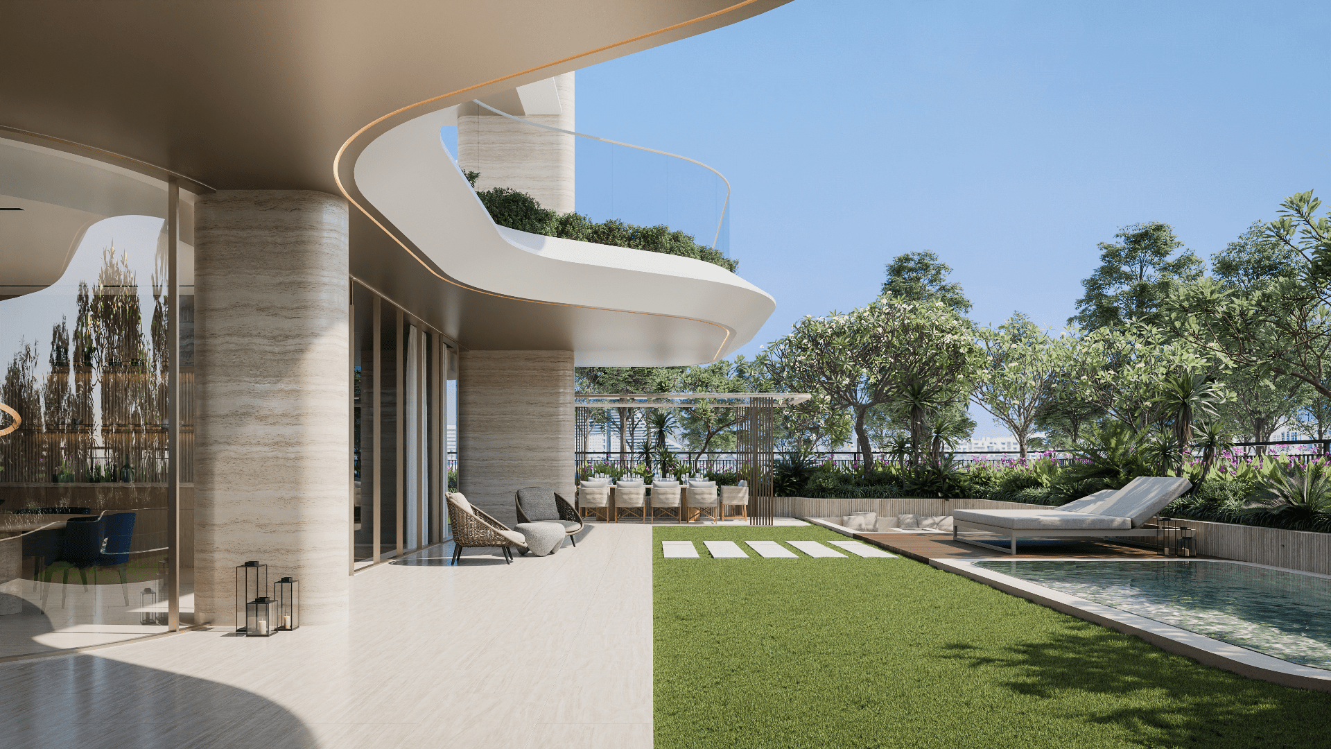 Un patio extérieur moderne avec des sols polis, entouré d'une végétation luxuriante à Vitalia Palm Jumeirah. Il dispose d'une petite piscine avec des chaises longues sur la droite et d'un coin salon sous une pergola. L'architecture incurvée du bâtiment ajoute de l'élégance à cette oasis de sérénité.