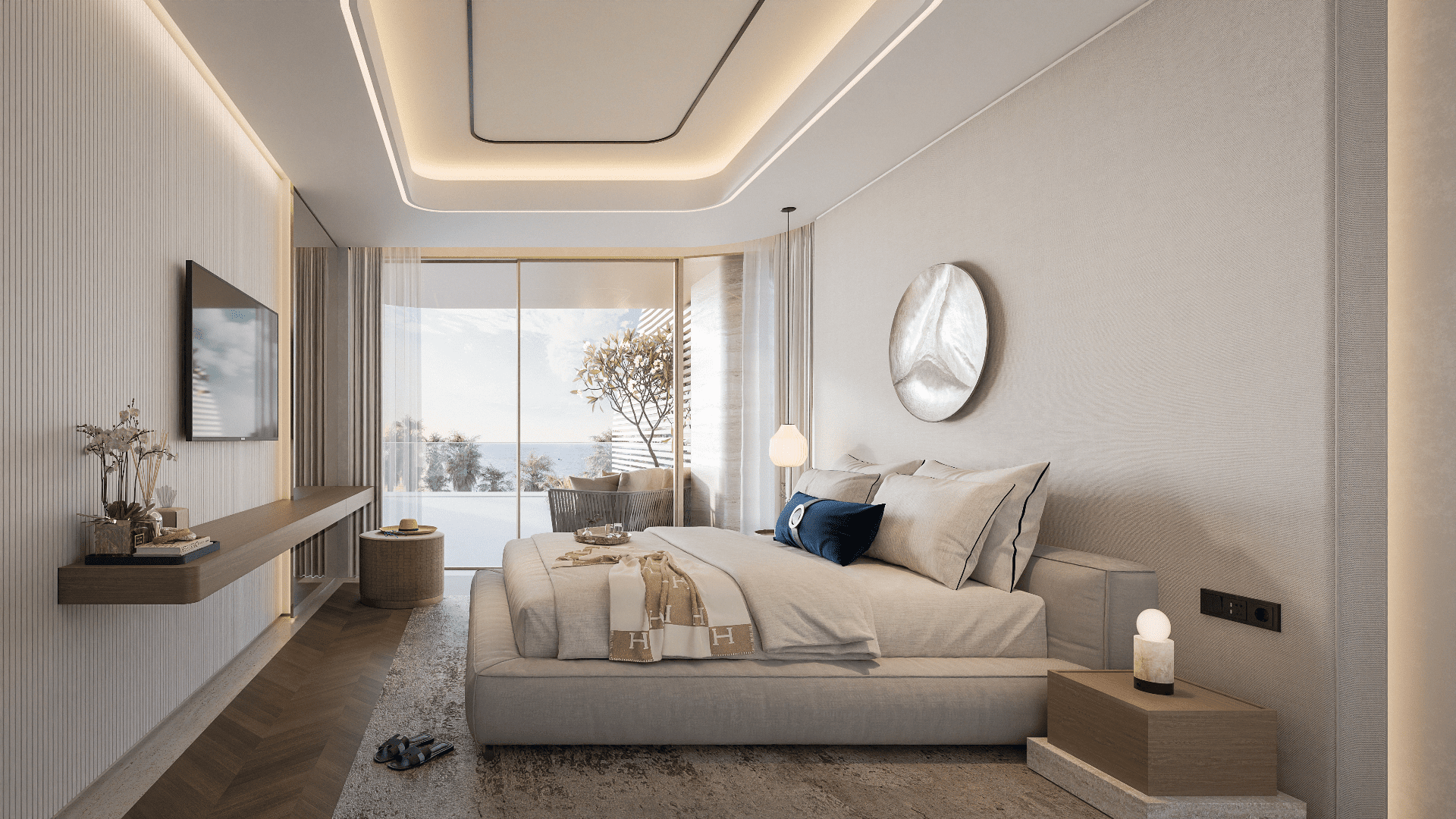 Une chambre moderne du Vitalia at Palm Jumeirah dispose d'un grand lit avec des draps blancs et des coussins décoratifs. Une télévision à écran plat est fixée au mur et des portes coulissantes en verre mènent à un balcon avec une vue imprenable sur la mer. Un éclairage doux et une décoration minimaliste accentuent l'élégance.