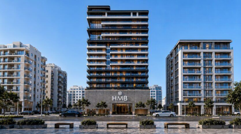 Le Beverly Crown, un gratte-ciel moderne signé HMB, se dresse fièrement, avec son enseigne emblématique, au milieu d'immeubles d'habitation de hauteur moyenne, d'arbres et d'une circulation animée. Des bancs et le trottoir agrémentent le premier plan sous un ciel bleu limpide.
