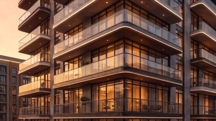Immeuble d'appartements moderne, le « Beverly Crown » signé HMB, doté de grandes baies vitrées et de balcons d'angle spacieux qui reflètent la lumière chaleureuse du coucher de soleil. La façade se caractérise par des lignes épurées et un design minimaliste, tandis que la douce lumière intérieure transparaît à travers les fenêtres.