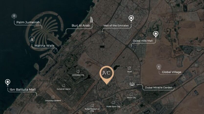 Une carte satellite de Dubaï met en évidence les principaux sites — Palm Jumeirah, Marina Walk, Burj Al Arab, Mall of the Emirates, Dubai Hills Mall, etc. —, avec le complexe « Beverly Crown » de HMB et JVC mis en avant au centre.