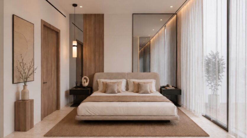 Chambre à coucher minimaliste comprenant un lit « Beverly Crown » de couleur beige de la marque HMB, deux oreillers, des touches de bois, une décoration moderne et de grandes baies vitrées ornées de voilages laissant entrer la lumière naturelle. On aperçoit une plante à l'extérieur de la fenêtre.