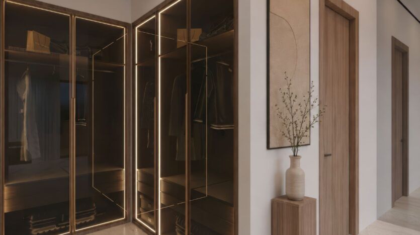 Un couloir moderne avec des portes en bois, une armoire vitrée à l'éclairage chaleureux et un vase minimaliste posé sur un socle en bois, sous une œuvre d'art abstraite accrochée au mur — mettant en valeur l'élégante couronne « Beverly » de HMB.