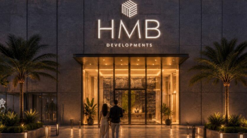 Un couple se dirige vers l'entrée éclairée d'un immeuble moderne doté de grandes portes vitrées, de palmiers et d'une enseigne sur laquelle on peut lire « HMB DEVELOPMENTS », qui abrite le complexe « Beverly Crown by HMB ».