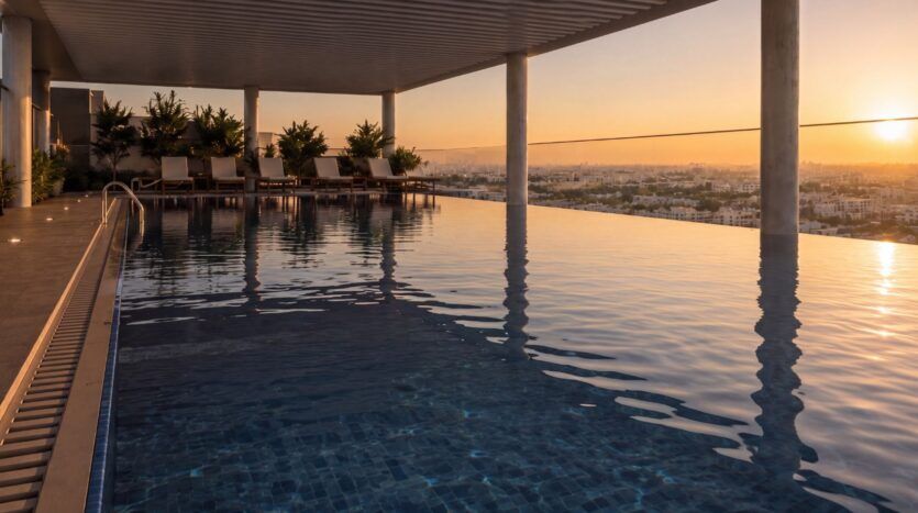 La piscine à débordement sur le toit du Beverly Crown by HMB est agrémentée de chaises longues et de plantes luxuriantes sous une pergola moderne, offrant une vue imprenable sur le paysage urbain au coucher du soleil.