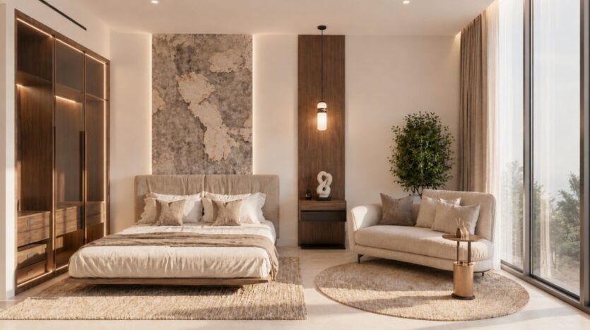 Chambre à coucher moderne dotée d'un grand lit beige, de décorations murales, d'un tapis rond, d'un canapé confortable, d'une plante en pot et de baies vitrées laissant entrer la lumière naturelle. La collection « Beverly Crown » de HMB se caractérise par des tons neutres et chaleureux ainsi qu'une décoration minimaliste et élégante dans toutes les pièces.