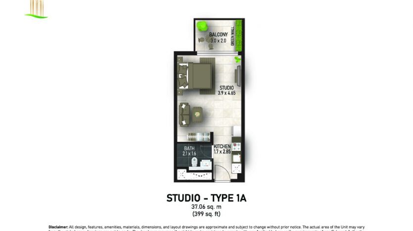 Floor plan of a studio apartment in Dubai, type 1a, with dimensions shown. The layout includes a balcony, kitchenette and bathroom, text and warnings provided below.