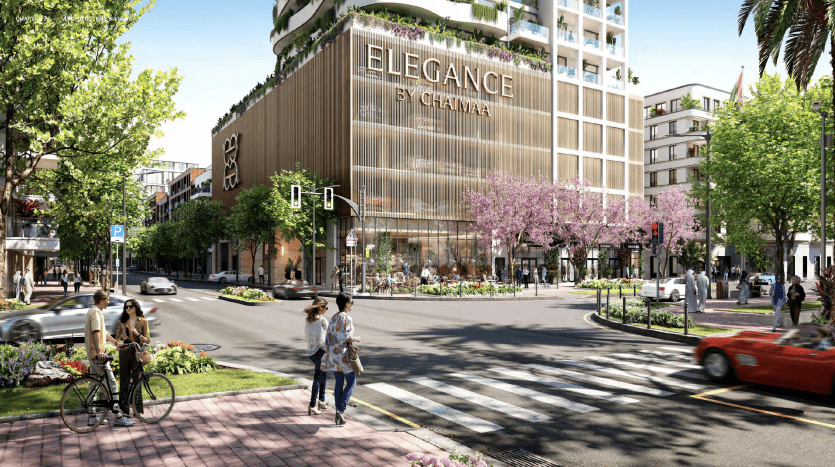 Artistic depiction of a lively street scene outside the multi-storey "Elegance by Chania" building in Dubai, with pedestrians, cyclists, cherry blossoms and sunny weather.