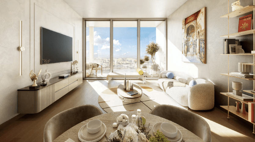 Sunny, modern living room in a Dubai apartment with large windows offering city views, featuring a comfortable sitting area, dining space and elegant decor with plants and artwork.