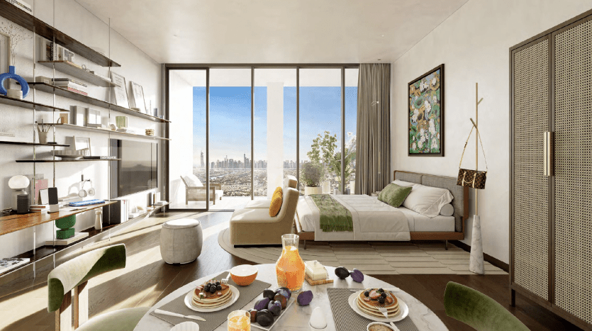 Modern, sunny room in a Dubai villa with bay windows offering city views, minimalist design, comfortable bed, artwork on the walls and breakfast table with food