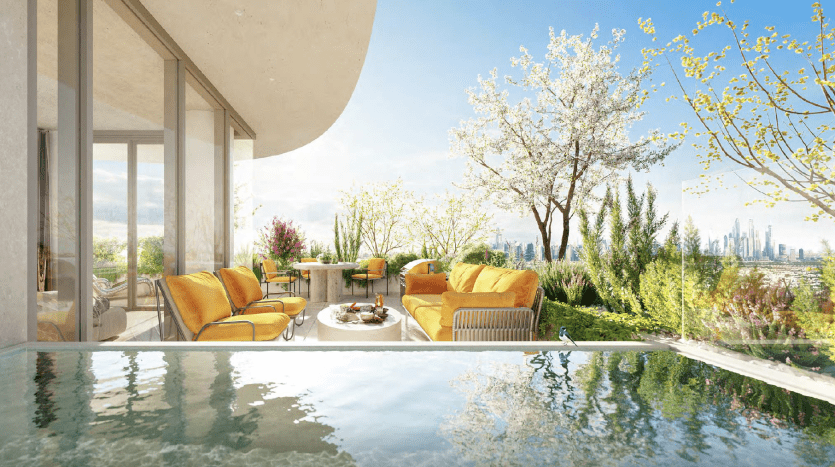 Luxury balcony with reflective infinity pool overlooking the rooftops of Dubai city, surrounded by lush greenery and flowering trees, adorned with elegant yellow outdoor furniture under sunny skies.