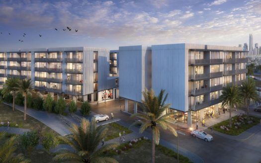 Render arquitectónico de un moderno complejo residencial compuesto por dos edificios de varias plantas con balcones y grandes ventanales, situado en la zona ajardinada de Q Gardens de Dubai al atardecer.