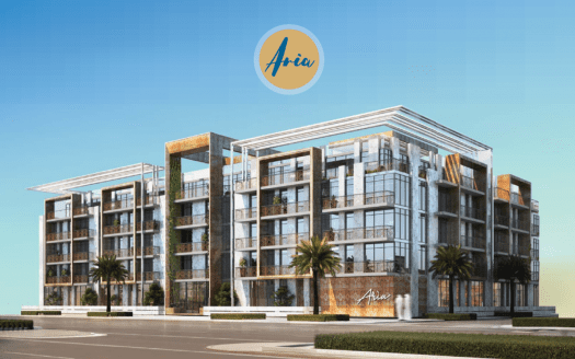 Representación arquitectónica del edificio residencial aria en Dubai, con un diseño contemporáneo de varias plantas con grandes ventanales, balcones y un destacado logotipo de aria, bajo un cielo despejado.