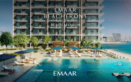 Lujoso complejo de apartamentos en primera línea de playa en Dubai con una gran piscina, tumbonas y palmeras, vistas a una playa de arena y el perfil de la ciudad al fondo.