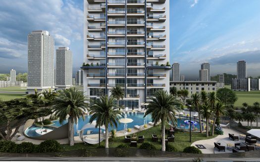 Lujoso rascacielos en Dubai rodeado de palmeras y una suntuosa piscina, con otros rascacielos y un frondoso parque de fondo bajo un cielo nublado.