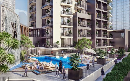 Moderno edificio de apartamentos en Dubai con una lujosa piscina rodeada de exuberante vegetación y residentes tumbados, situado en un entorno urbano.