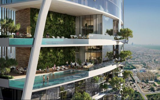 Representación artística de un moderno rascacielos en Dubai con amplios balcones con piscina, exuberante vegetación y personas disfrutando del espacio exterior, con vistas a un paisaje urbano.