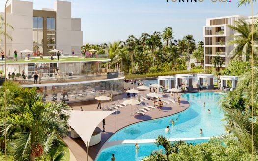 Ilustración de un complejo de lujo con piscina, tumbonas y zona de bar, rodeado de exuberante vegetación y modernos edificios de apartamentos en Dubai bajo un cielo azul despejado.