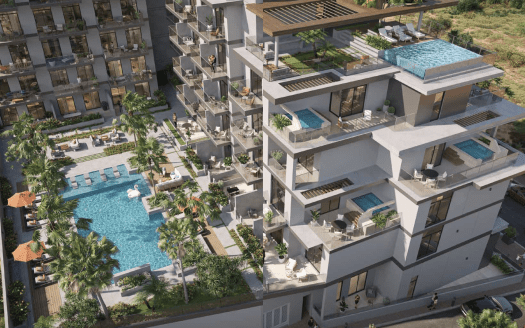 Vista aérea de una villa de lujo en Dubai con varias piscinas, rodeada de exuberante vegetación y balcones, que presenta un diseño arquitectónico moderno con amplias terrazas.