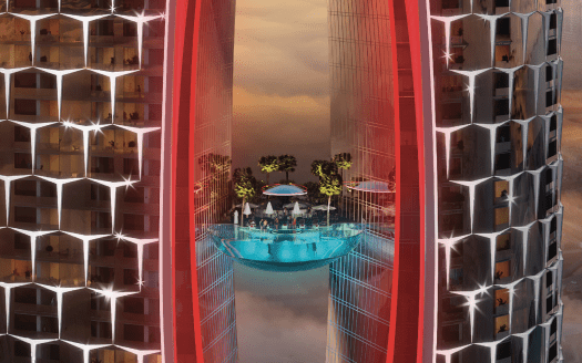 Un paisaje urbano futurista en Dubai al atardecer, con una piscina suspendida entre dos rascacielos, iluminada por el crepúsculo y adornada por una multitud vibrante y animada.