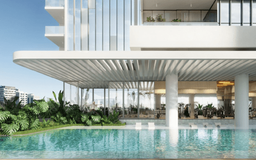 Un moderno complejo de lujo con una gran piscina exterior rodeada de palmeras, de elegante arquitectura blanca con grandes balcones y un exuberante entorno tropical, perfecto para quienes buscan una inversión en Dubai.