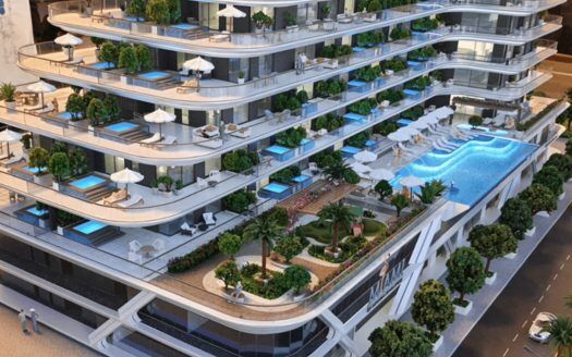 Una moderna villa de lujo de varios niveles en Dubai con una piscina serpenteante de estilo fluvial, rodeada de exuberantes jardines y zonas de estar al aire libre en varias terrazas.