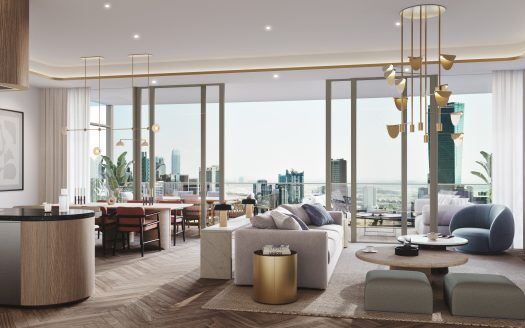 Moderna sala de estar con mobiliario elegante y grandes ventanales con vistas al paisaje urbano de Dubai. La habitación cuenta con una cómoda zona de estar, una estilosa cocina americana y una decoración elegante.