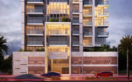 Un renderizado digital del Westwood de Imtiaz, un moderno rascacielos con fachada iluminada, iluminación espectacular y tráfico difuminado en primer plano al atardecer, que pone de relieve la gran inversión de Dubai.