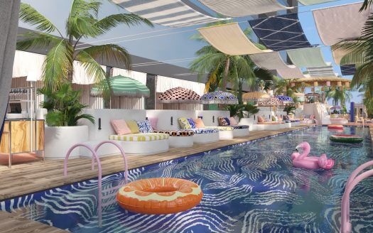 Una animada zona de estar junto a la piscina en una lujosa villa de Dubai, con elegantes tumbonas, palmeras tropicales, persianas de tela y divertidos juguetes hinchables en una piscina azul resplandeciente.