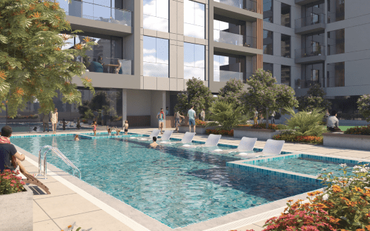 Animada escena junto a la piscina exterior de un edificio residencial, con gente nadando y descansando. La piscina, que forma parte de una villa de lujo en Dubai, está rodeada de plantas exuberantes y arquitectura moderna.